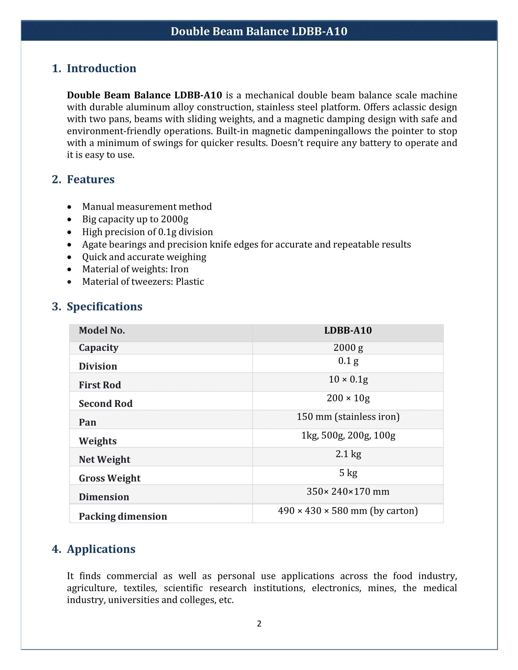 Double Beam Balance LDBB-A10 Manual